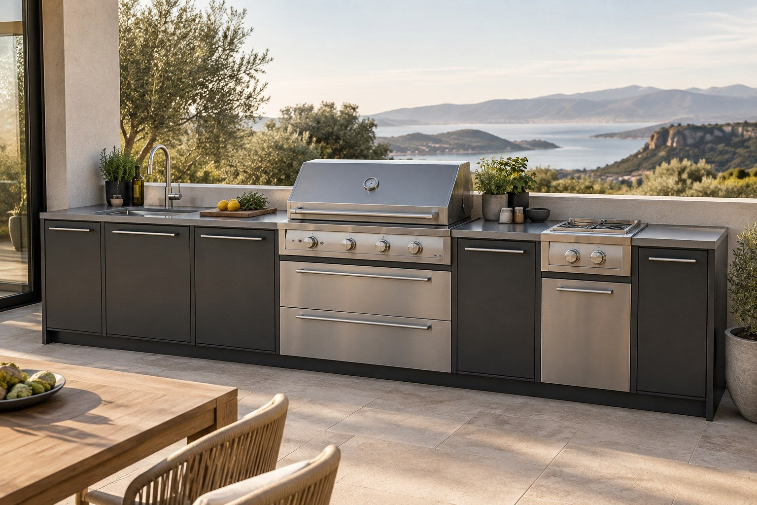 A kitchen, piece by piece in an outdoor kitchen setting