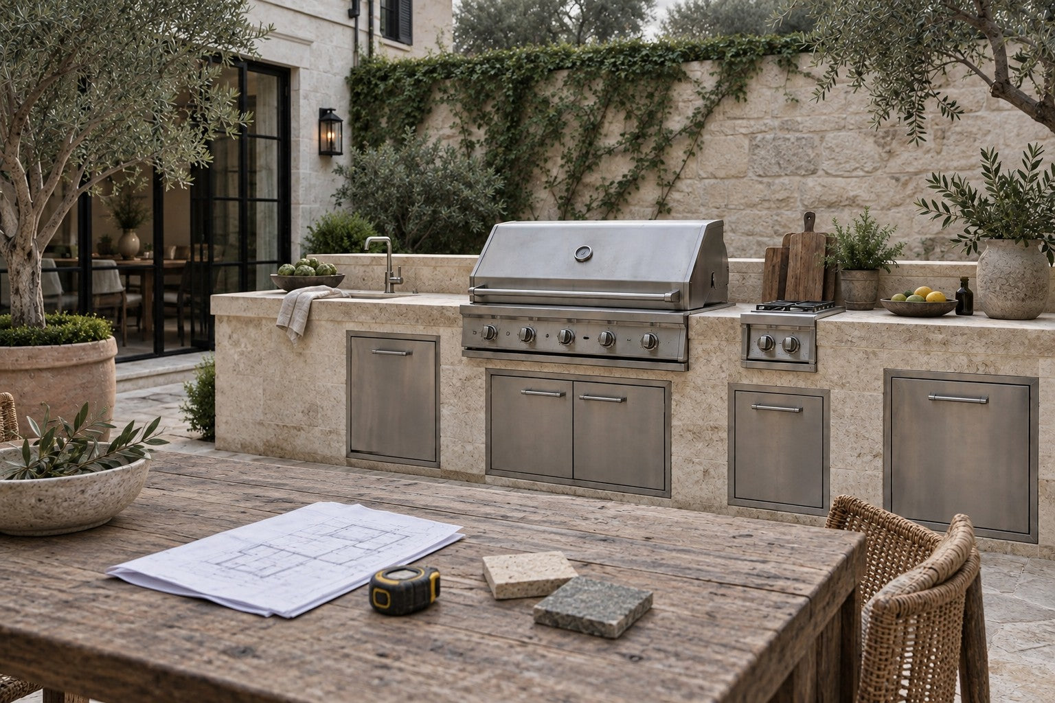 Outdoor kitchen planning with drawings, a tape measure and stone samples beside a courtyard kitchen