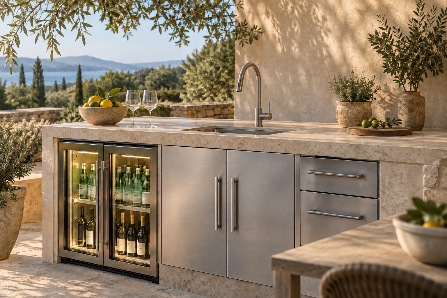 An outdoor sink above hinged access doors beside an illuminated beverage refrigerator