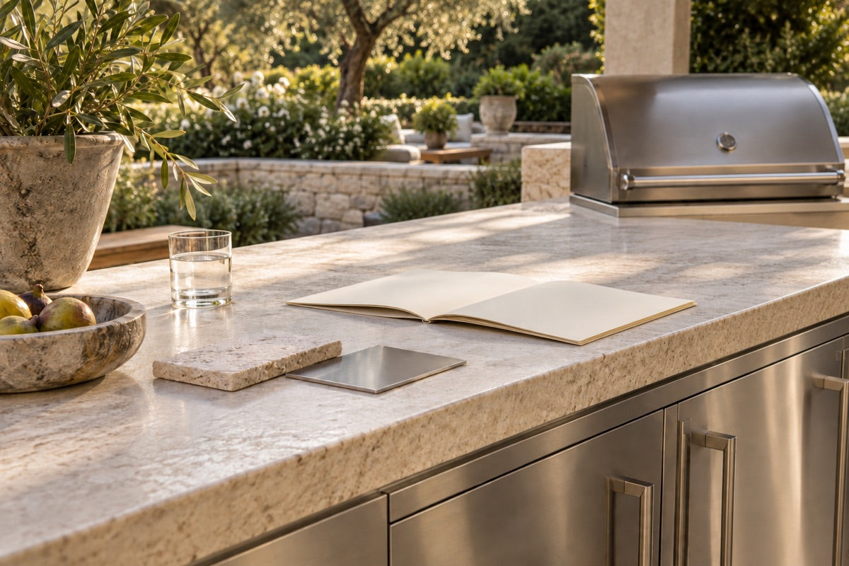 Reviewing project materials on an outdoor kitchen countertop