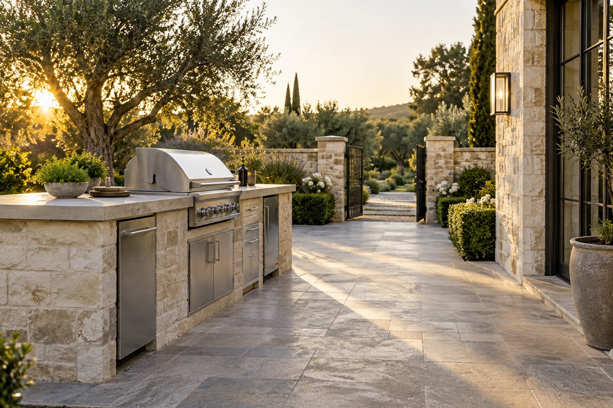 Outdoor kitchen island beside a generous paved approach