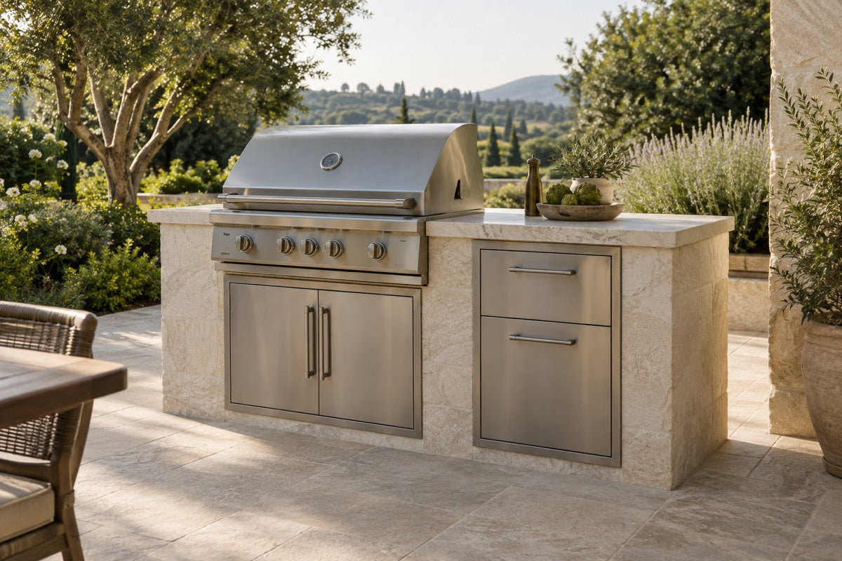Outdoor kitchen island with a grill, storage and preparation countertop