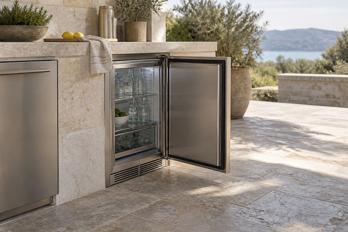 Open refrigerator door beside a clear paved working area