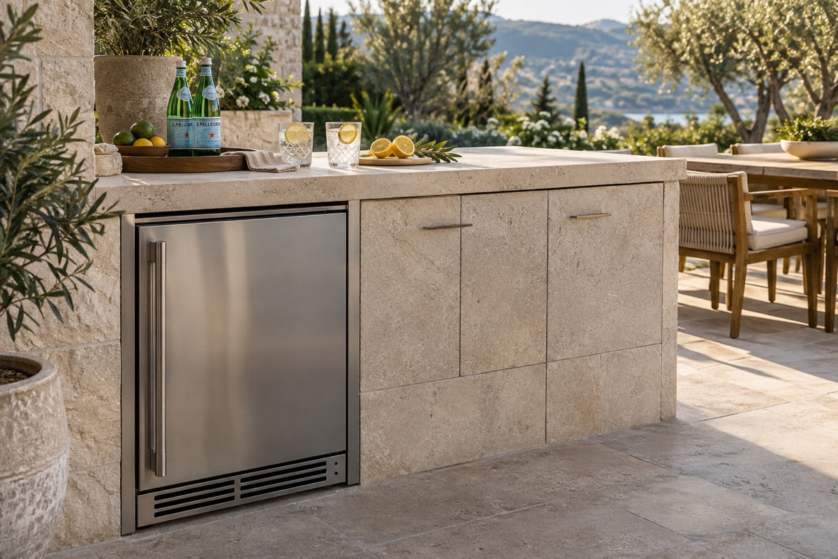 Outdoor refrigerator and a countertop arranged for serving refreshments