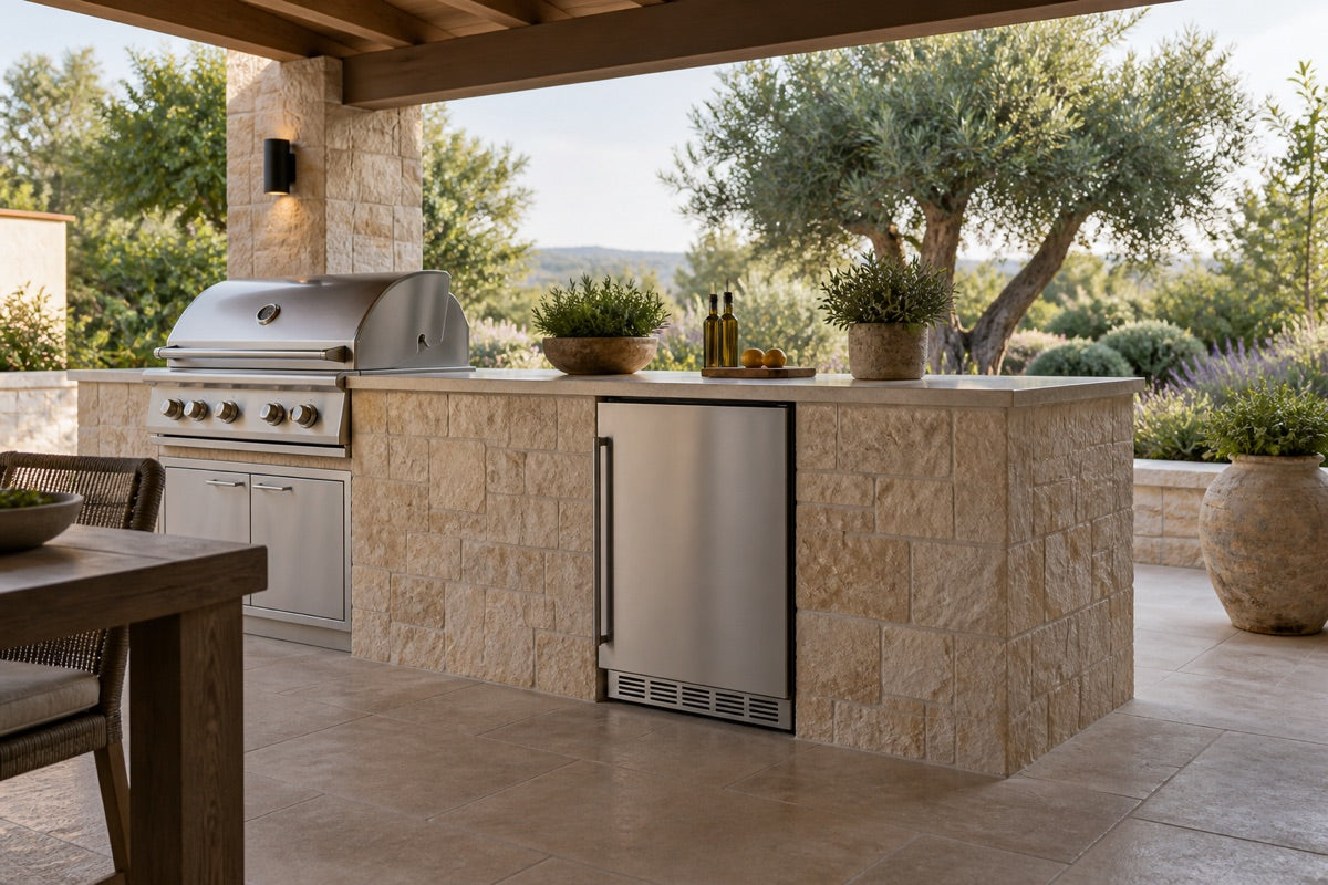 Outdoor refrigerator sheltered beneath a covered stone terrace