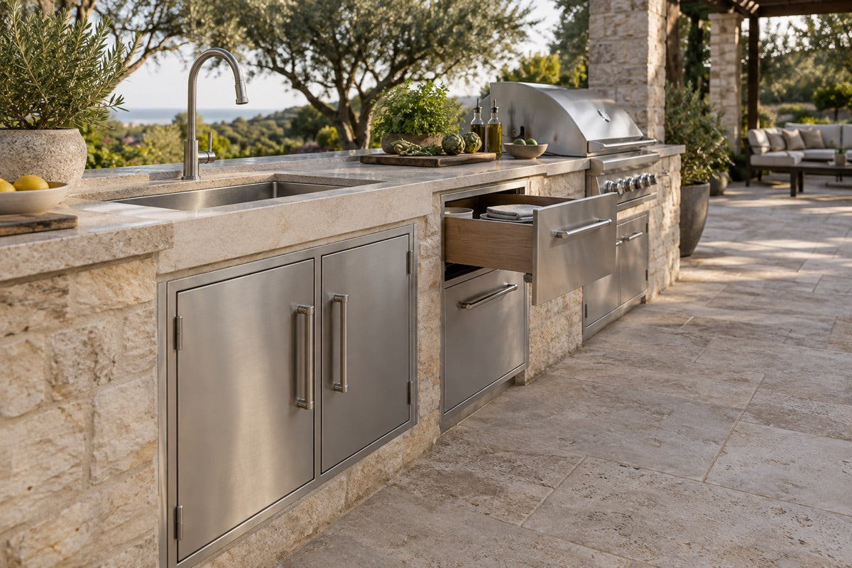 Sink access doors beside an open drawer and clear work aisle
