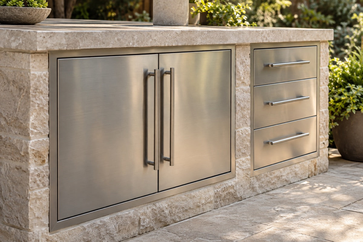 Coordinated brushed stainless steel drawer and cabinet fronts