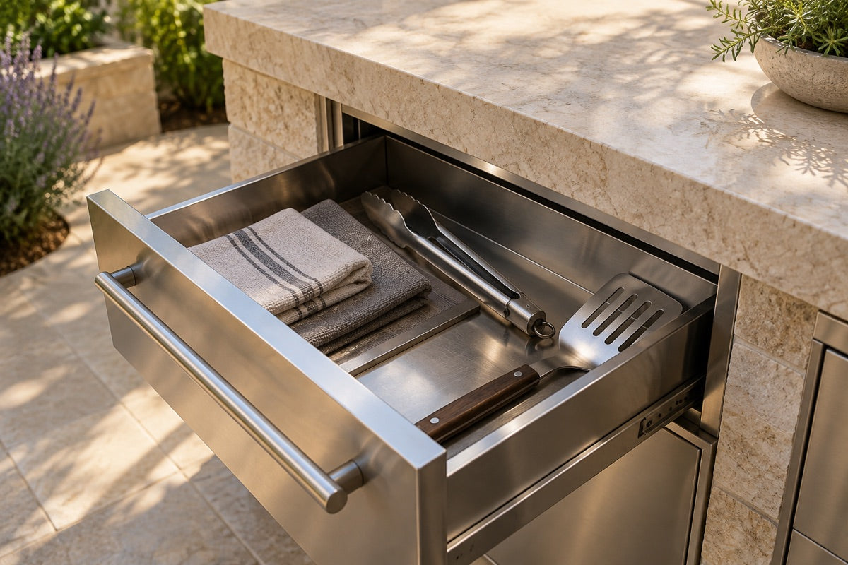 Open outdoor kitchen drawer with organized cooking utensils