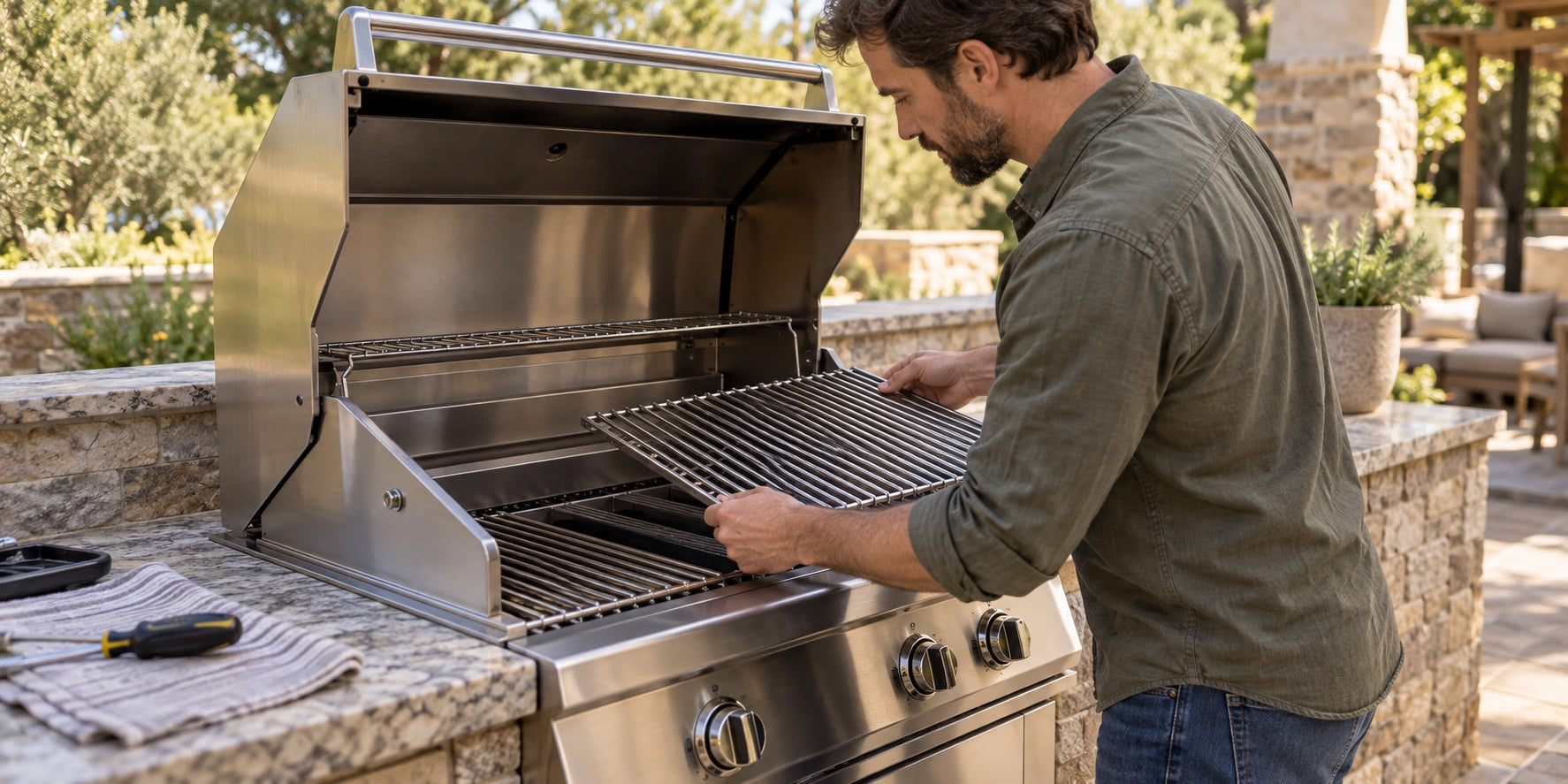 A person replacing a cooking grate in an unlit stainless steel grill