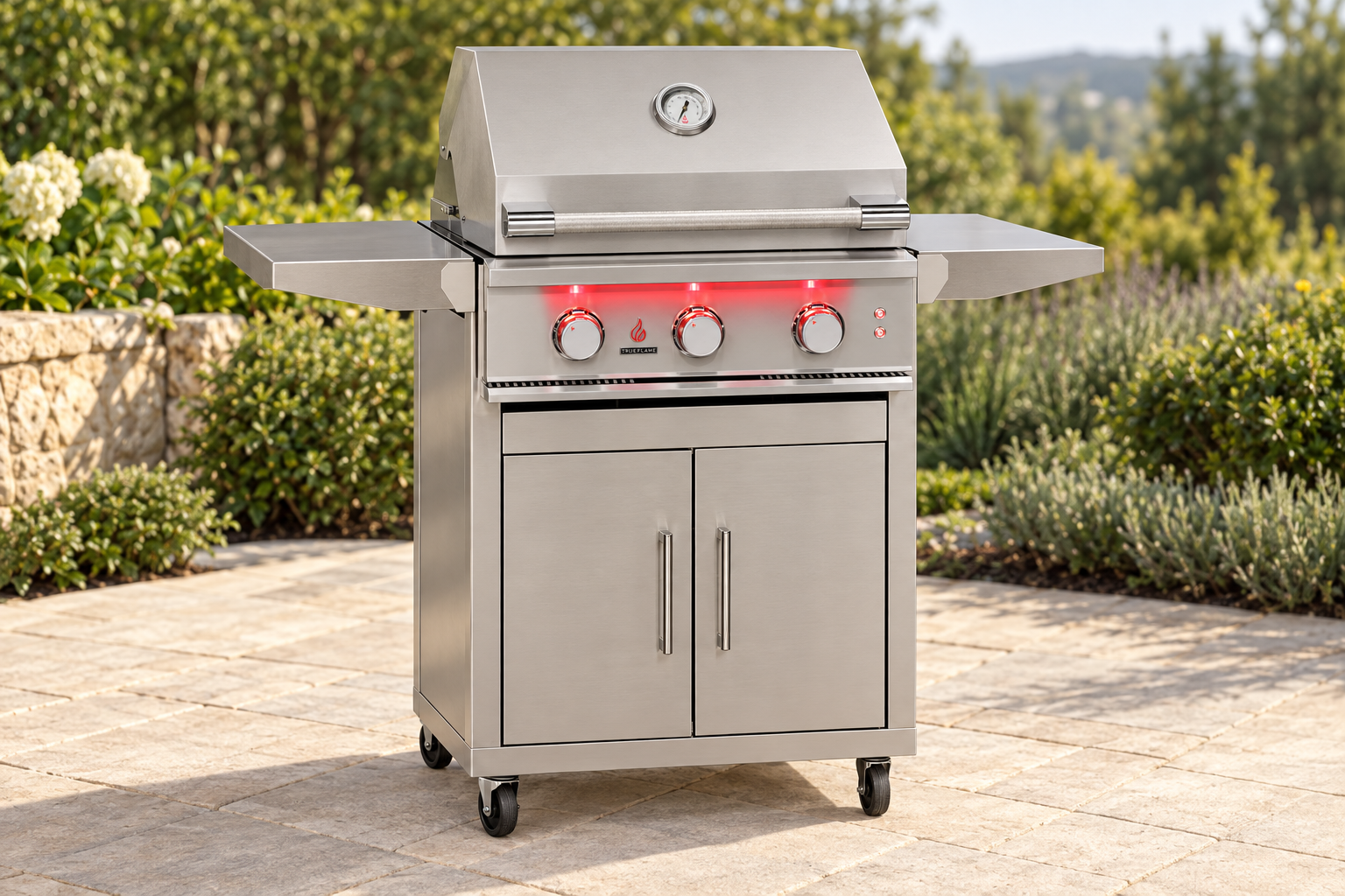 TrueFlame 25" 3 Burner Gas Grill with cart on a patio