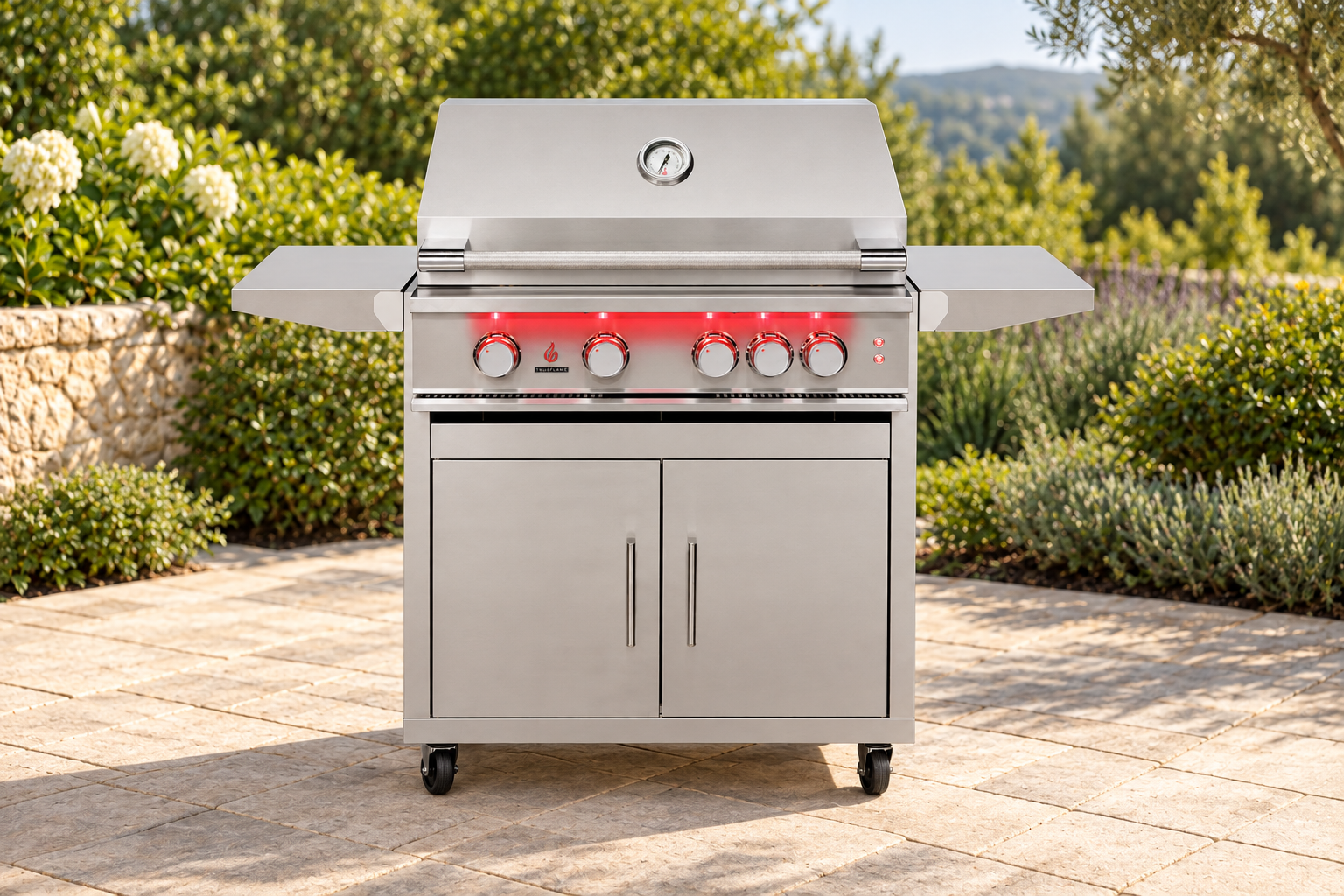 TrueFlame 32" 4 Burner Gas Grill with cart on a patio