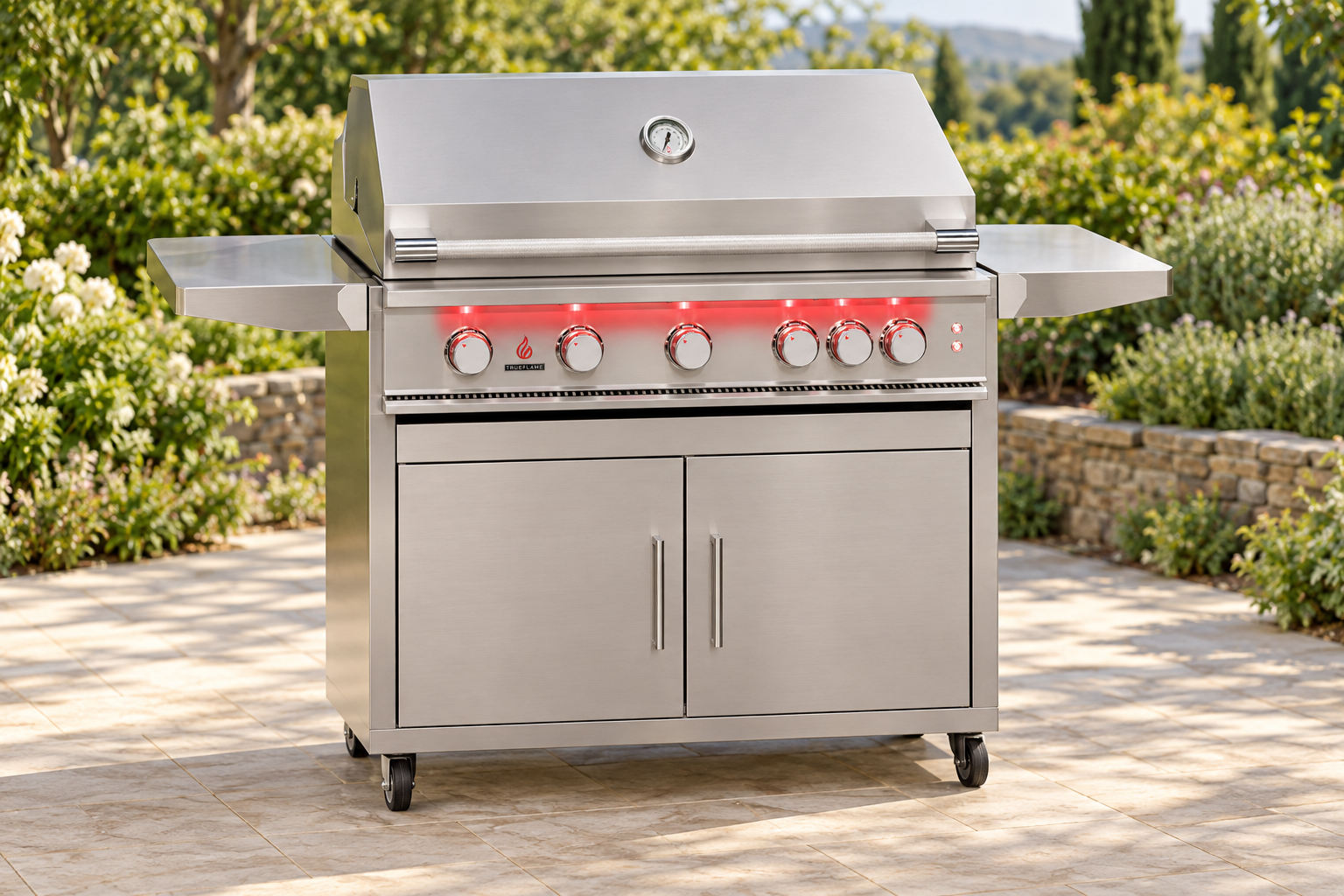 TrueFlame 40" 5 Burner Gas Grill with cart on a patio