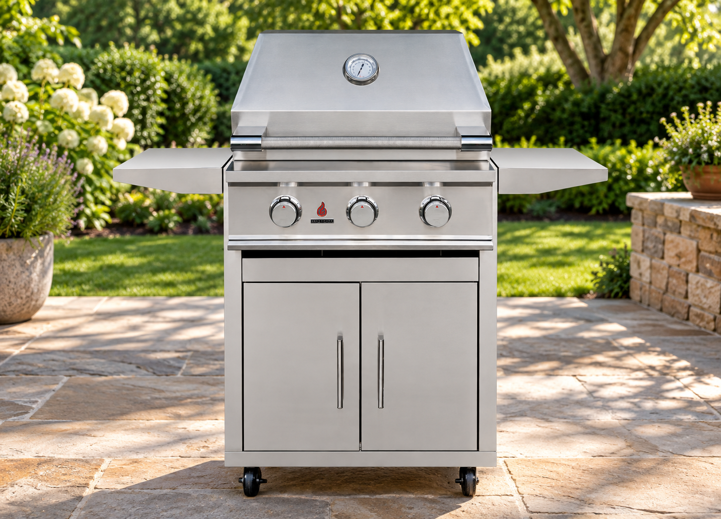 TrueFlame TFE Series 25" 3 Burner Gas Grill with cart on a patio