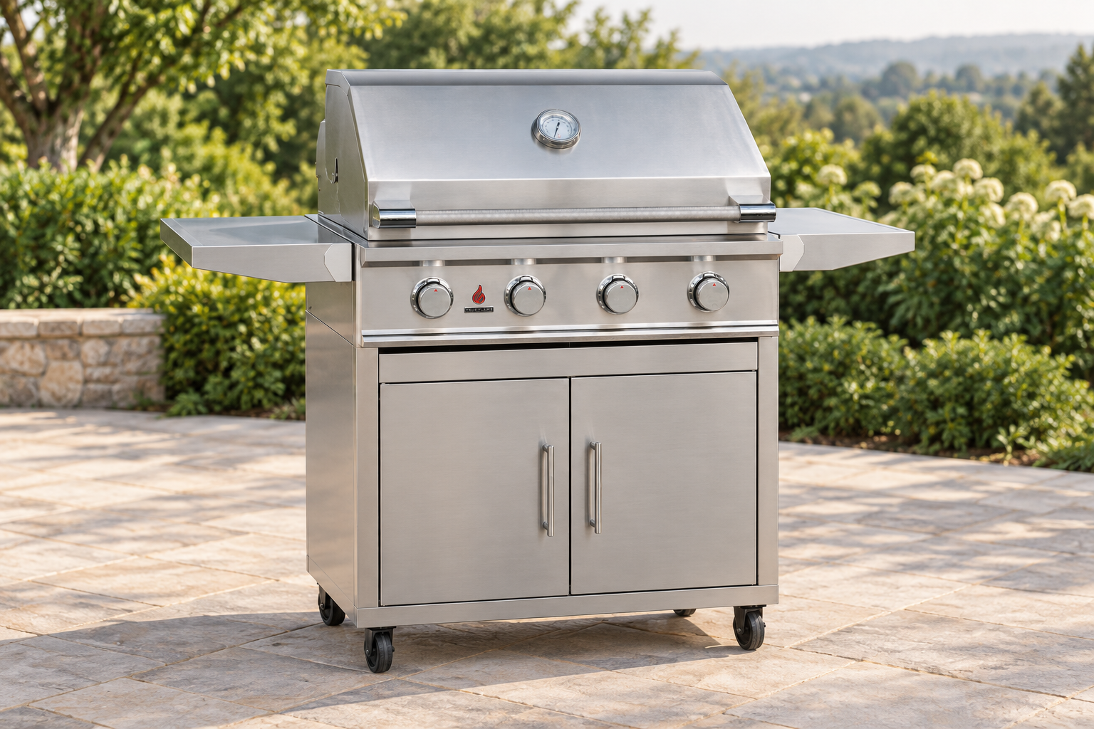 TrueFlame TFE Series 32" 4 Burner Gas Grill with cart on a patio
