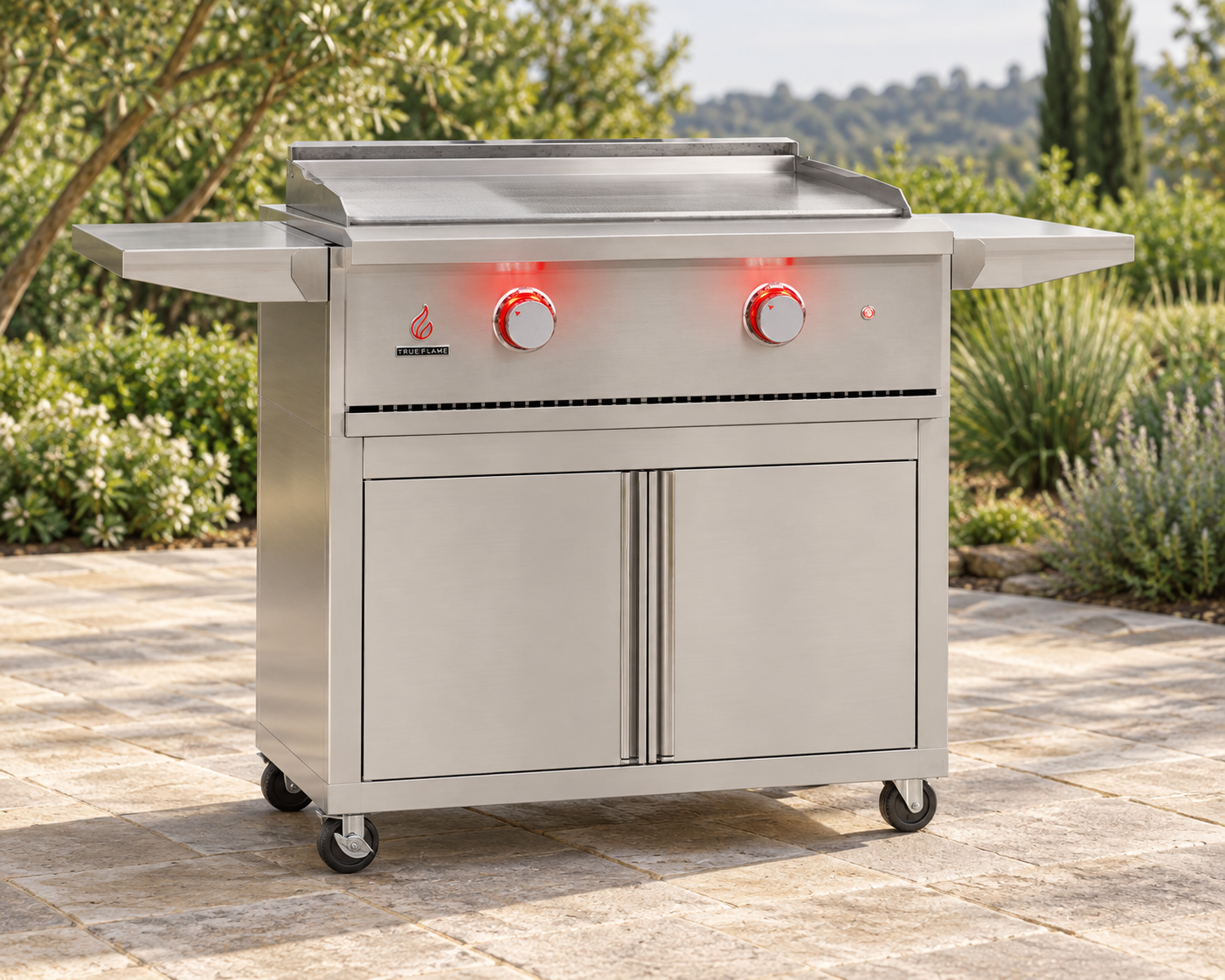 TrueFlame 30" Griddle Grill with cart on a patio