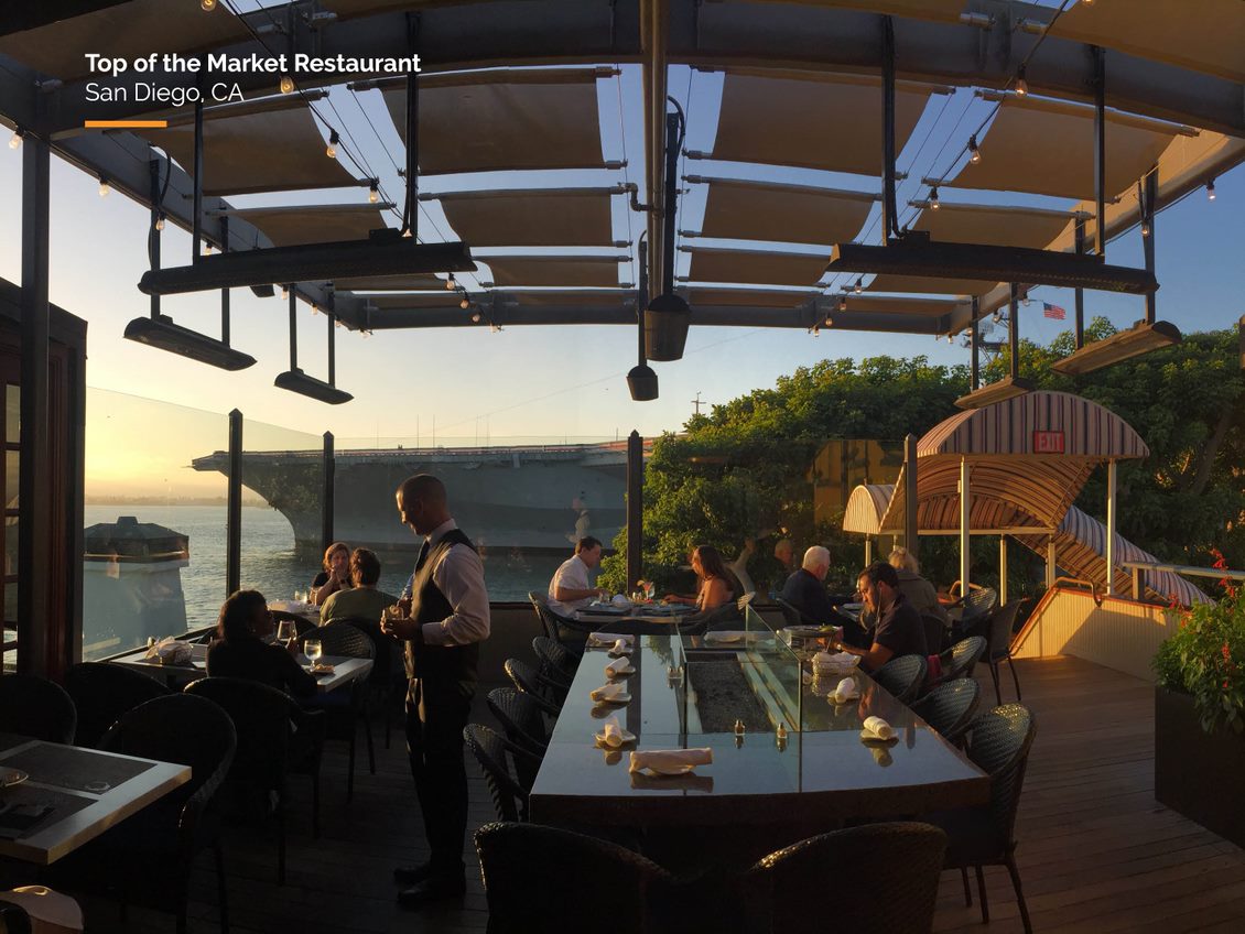 Tungsten Electric heaters above an outdoor restaurant terrace